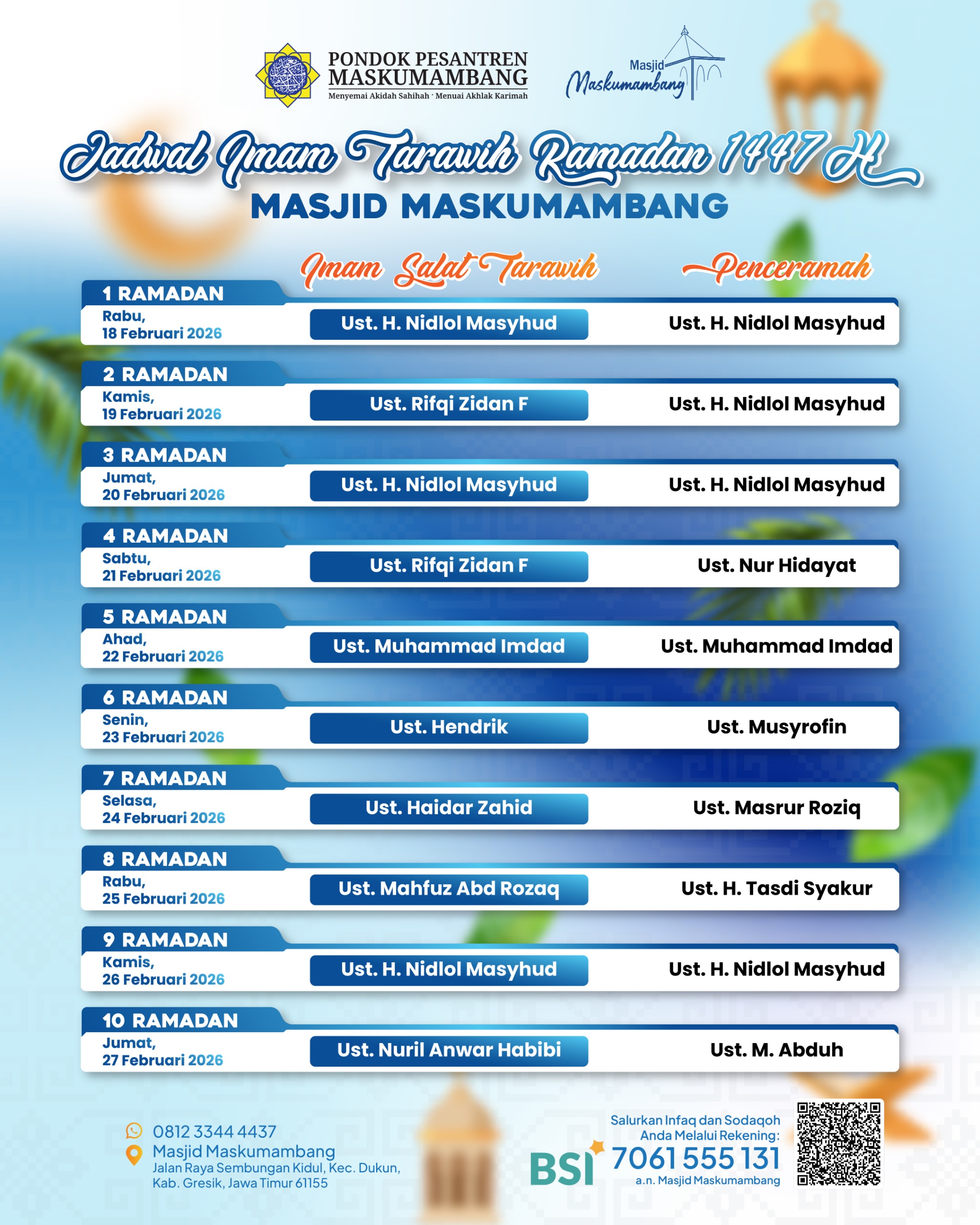 Jadwal Imam Tarawih Ramadan 1447 H - Masjid Maskumambang